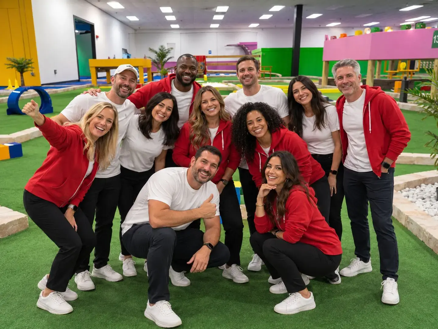Group posing together on an indoor mini golf course during a team-building event in Tampa, FL